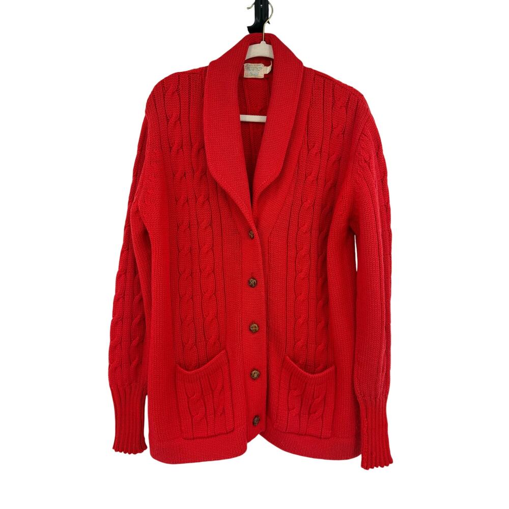 Vintage Sears Womens Cardigan Sweater Red Worsted Wool Cable Knit Fisherman